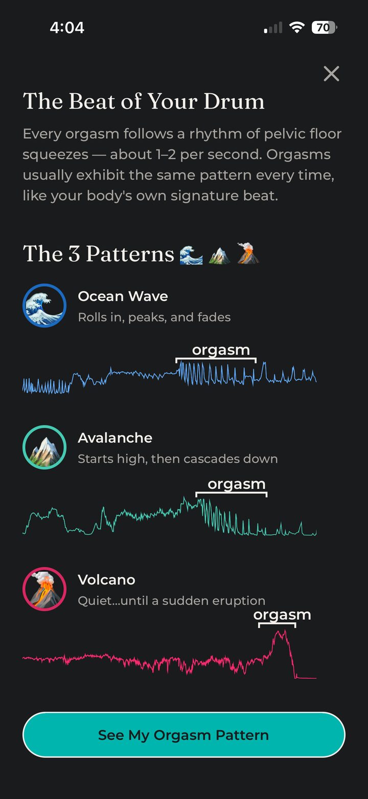 The Lioness app's patterns screen, showing example charts for Ocean Wave, Avalanche and Volcano with the orgasm marked on each